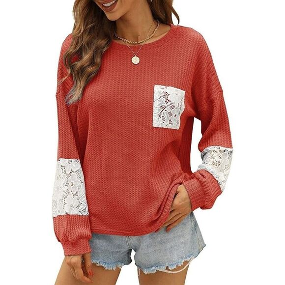 Women Sweatshirt 2XL Lace Knit Sweater Casual Loose Stitching Round Neck New - Picture 2 of 4